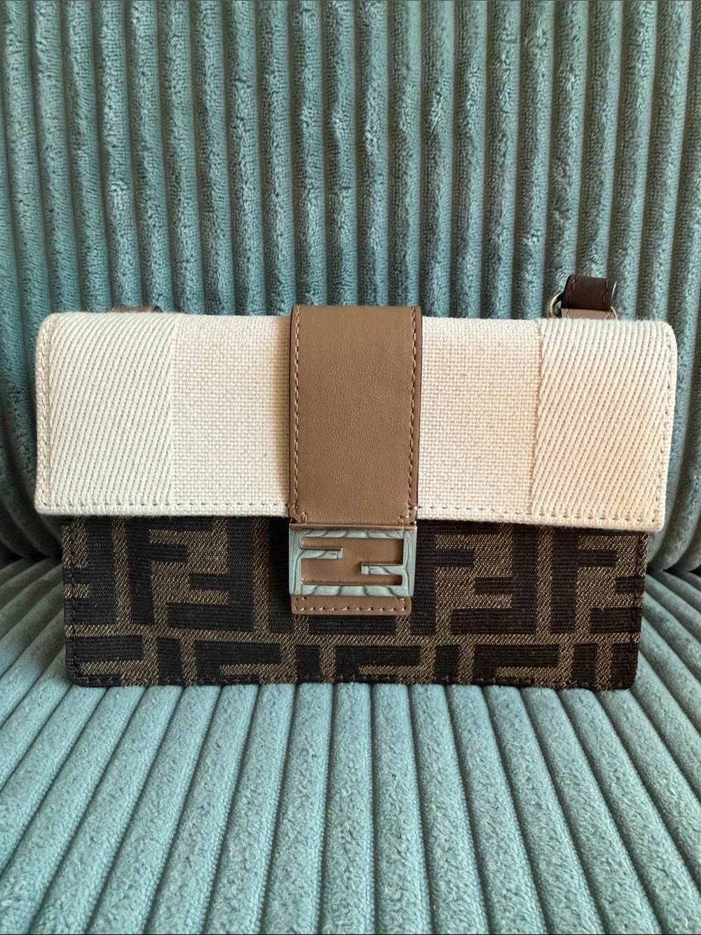 Fendi Brown Logo Canvas Clutch with Cream Flap and Tan Strap
